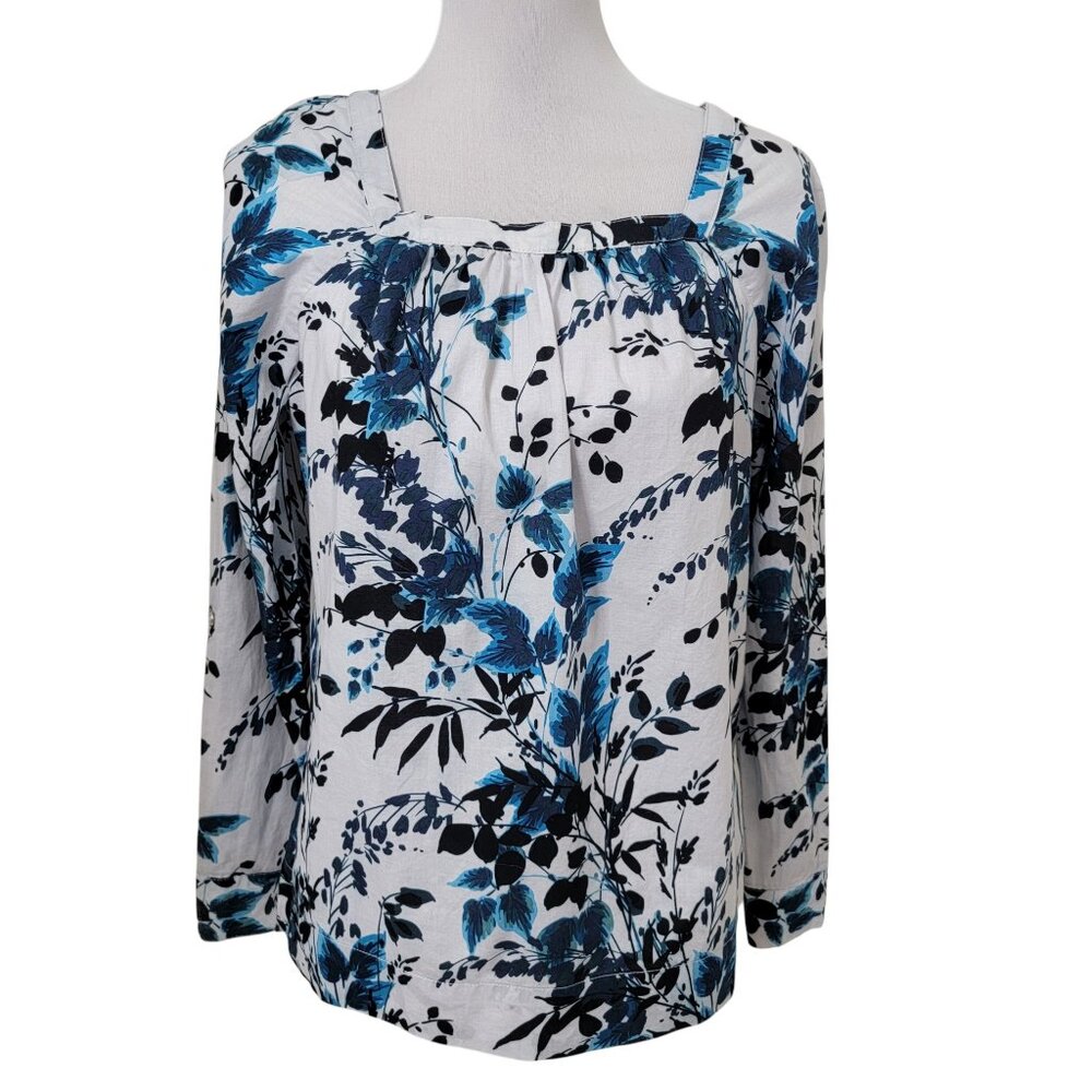 Croft & Barrow Size S White with Blue Floral Pattern Square Neck Long Sleeve Top